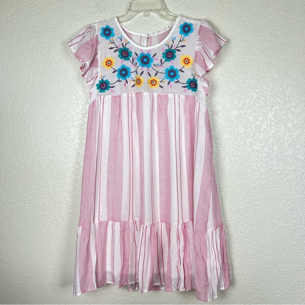 Blu Pepper Womens Boho Embroidered Pink Striped Floral Ruffle Dress Medium New